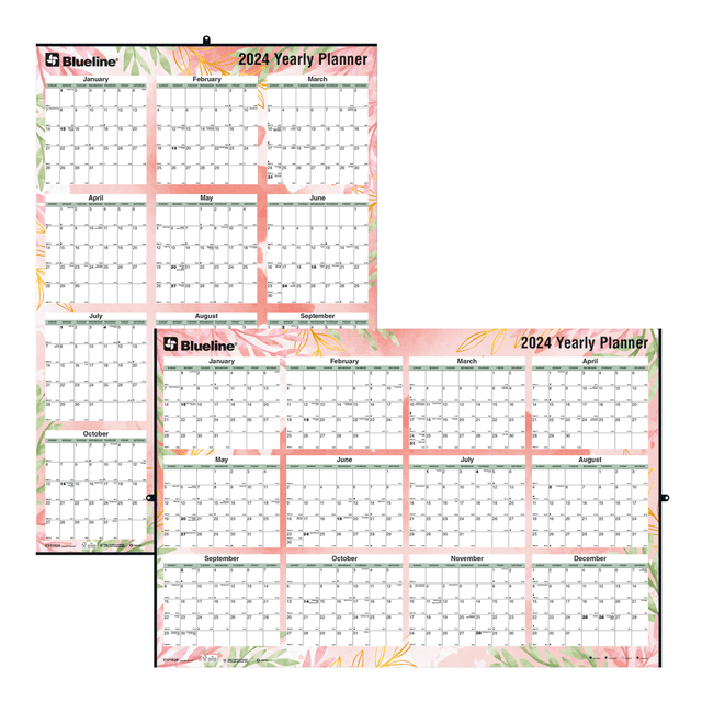 REDIFORM, INC. Blueline C171920-24  Laminated Yearly Wall Calendar, Reversible / Erasable, 24in x 36in, Tropical Design, 12 Months, January to December, 2024, C171920