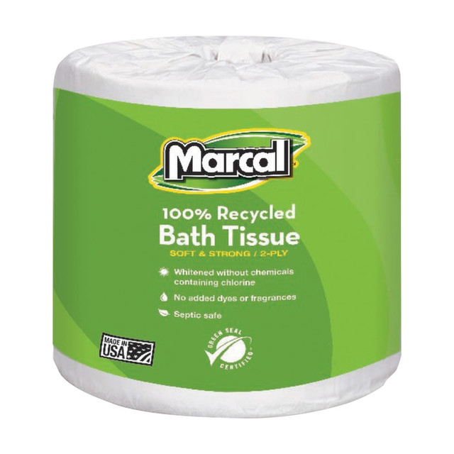 Marcal Small Steps 2-ply toilet paper takes your businesss bathroom one giant eco leap ahead. Hypoallergenic, dye-free, fragrance-free, and chlorine-free, this tissue is the ideal choice for any caring company.  Strong and soft embossed paper is a little more luxurious than your average eco brand.  Virtually lint-free, this paper is clean to use and wonT cause unpleasant paper dust on surfaces.  Septic-safe for delicate disposal systems.  Made without dyes or fragrances for a more natural tissue choice.  Hypoallergenic, taking care of the most sensitive skin.  Dispenser case for neat, organized storage.  Healthy for your body and for nature.  Longer 336 sheet rolls minimize maintenance.  Pack of 48 rolls.  White paper.  Green Seal certified - reduced environmental impact from an overall lifecycle standpoint.  Less harsh chemicals - made with fewer harsh chemicals, or safer chemicals than typical alternatives, helping  reduce your use of and exposure to substances that may be more harmful to your health and the environment.  Contains Recycled Content - See Specs for Details.