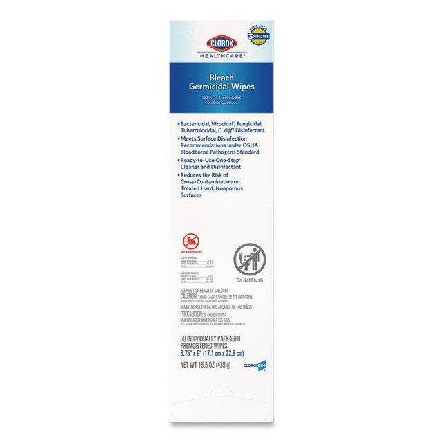 CLOROX SALES CO. Healthcare® 31424 Bleach Germicidal Wipes, Individual Wipes, 1-Ply, 6.75 x 9, Unscented, White, 50/Box, 6 Boxes/Carton
