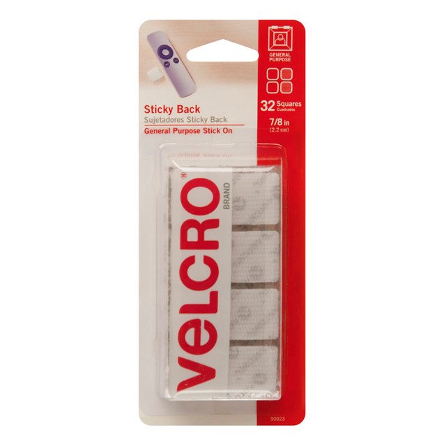 VELCRO USA INC 90923 VELCRO Brand Sticky Back Fastener Squares, 7/8in x 7/8in, White, Pack Of 32