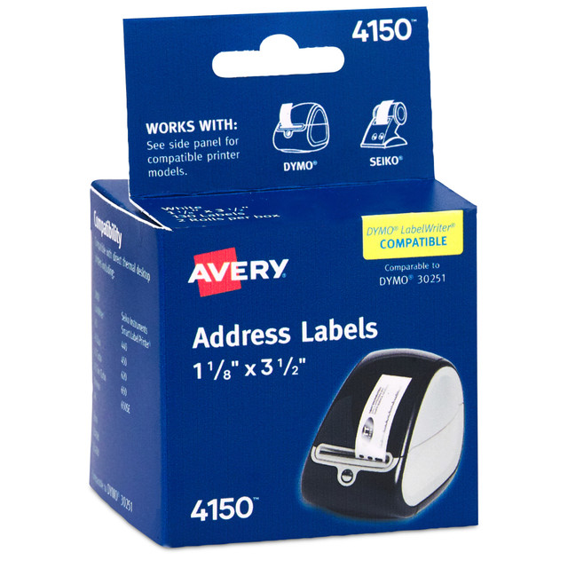 AVERY PRODUCTS CORPORATION Avery 4150  Direct Thermal Roll Labels, 4150, Rectanlge, 1-1/8in x 3-1/2in, White, 130 Labels Per Roll, Box Of 2 Rolls