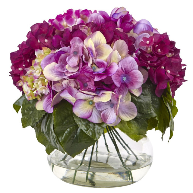 NEARLY NATURAL INC. 1364-BU Nearly Natural Hydrangea 11inH Plastic Floral Arrangement With Round Glass Vase, 11inH x 12inW x 12inD, Multi-Tone Beauty