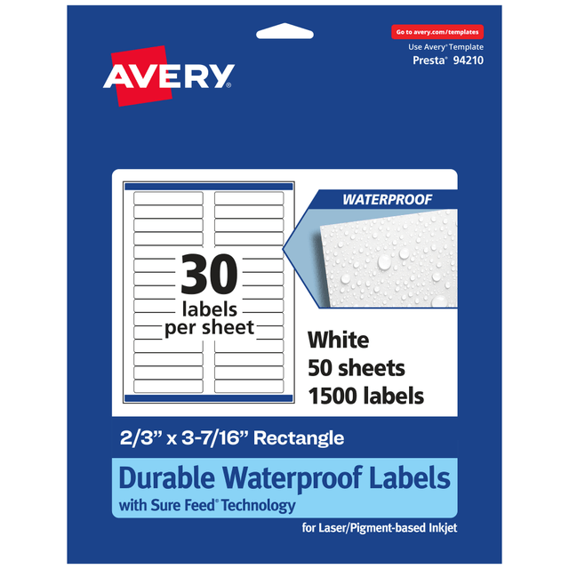 AVERY PRODUCTS CORPORATION 94210-WMF50 Avery Waterproof Permanent Labels With Sure Feed, 94210-WMF50, Rectangle, 2/3in x 3-7/16in, White, Pack Of 1,500 AVERY PRODUCTS CORPORATION 94210-WMF50 Avery Waterproof Permanent Labels With Sure Feed, 94210-WMF50, Rectangle, 2/3in x 3-7/16in, White, Pack Of 1,500