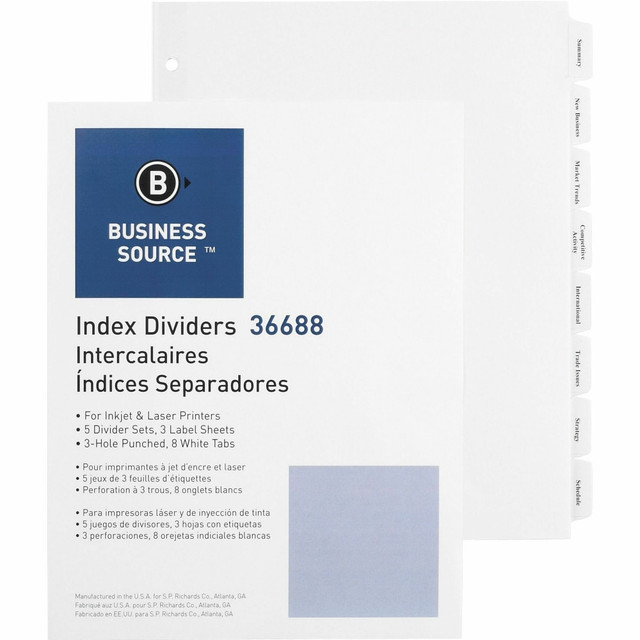 SP RICHARDS 36688 Business Source Punched Tabbed Laser Index Dividers - 8 Blank Tab(s) - 8 Tab(s)/Set - 8.5in Divider Width x 11in Divider Length - Letter - 3 Hole Punched - White Paper Divider - White Tab(s) - 100% Recycled - Mylar Reinforcement, Re SP RICHARDS 36688 Business Source Punched Tabbed Laser Index Dividers - 8 Blank Tab(s) - 8 Tab(s)/Set - 8.5in Divider Width x 11in Divider Length - Letter - 3 Hole Punched - White Paper Divider - White Tab(s) - 100% Recycled - Mylar Reinforcement, Re