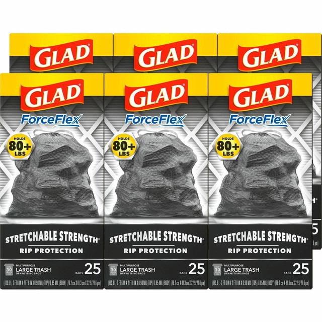 THE CLOROX COMPANY 70359CT Glad ForceFlexPlus Large Drawstring Trash Bags - Large Size - 30 gal Capacity - 0.90 mil (23 Micron) Thickness - Drawstring Closure - Black - 6/Carton - 25 Per Box - Home, Office, Can