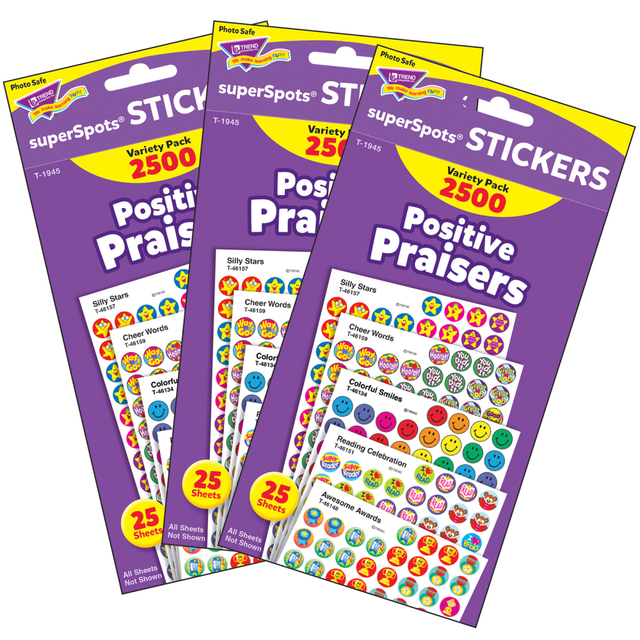 EDUCATORS RESOURCE T-1945-3 Trend SuperSpots Stickers, Positive Praisers, 2,500 Stickers Per Pack, Set Of 3 Packs