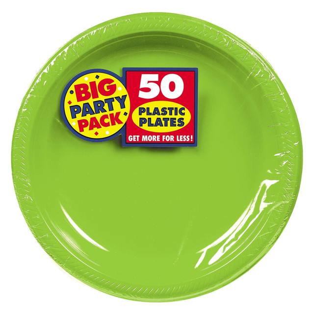 AMSCAN CO INC Amscan 630732.53  Round Plastic Plates, 10-1/2in, Kiwi Green, Pack Of 50 Plates