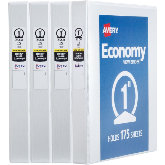 AVERY PRODUCTS CORPORATION 19200 Avery Economy View 3 Ring Binders, 1in Round Rings, White, Pack Of 4 AVERY PRODUCTS CORPORATION 19200 Avery Economy View 3 Ring Binders, 1in Round Rings, White, Pack Of 4