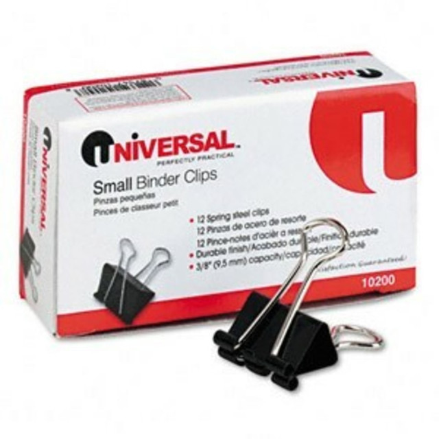 UNIVERSAL OFFICE PRODUCTS 10200 Universal Binder Clip - Small - 0.8in Width - 0.37in Size Capacity - 1Dozen - Black, Silver