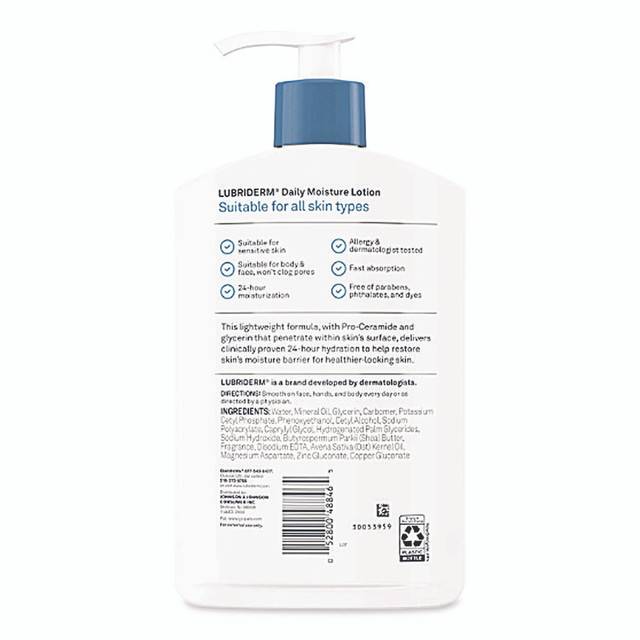 JOHNSON & JOHNSON Lubriderm® 48323EA Skin Therapy Hand and Body Lotion, 16 oz Pump Bottle, Fragrance-Free