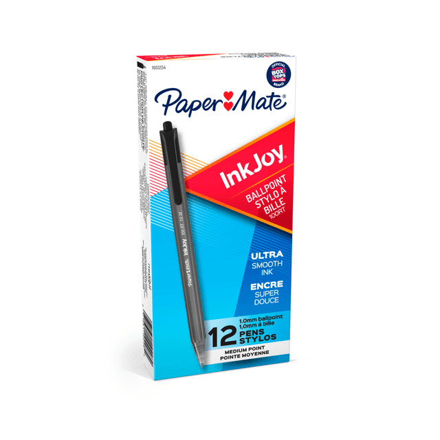 NEWELL BRANDS INC. 1803472 Paper Mate InkJoy 100 RT Pens, Medium Point, 1.0 mm, Translucent Black Barrels, Black Ink, Pack Of 12