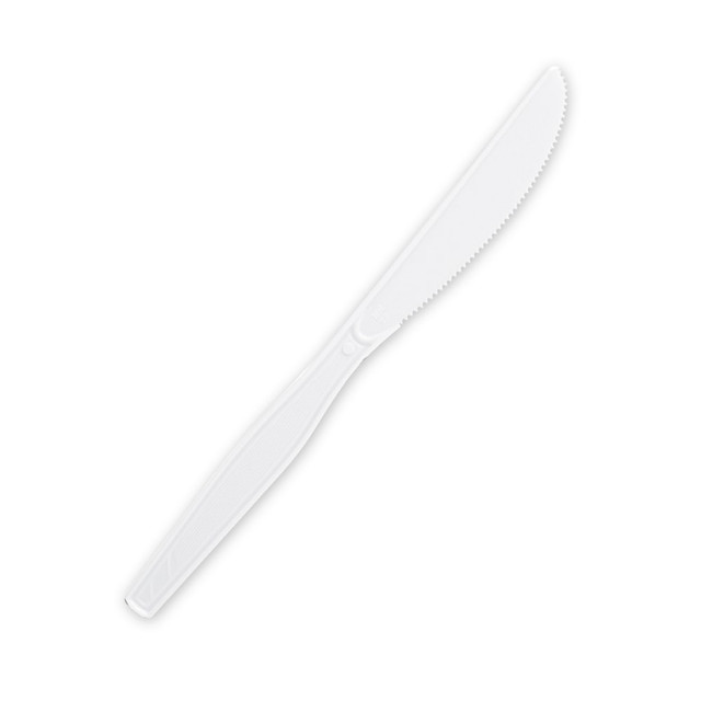 Heavy/medium-weight utensils are rigid and flexible.  Made of white polystyrene.