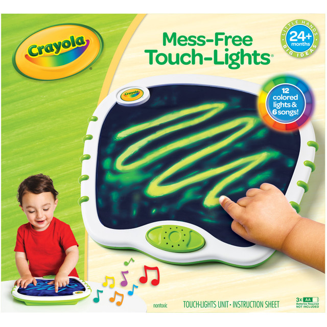 Let your little one explore their creativity with help from the Crayola My First Mess-Free Touch Lights. This unit offers sealed gel that allows children to draw and write with a fingertip in 12 different colors and even offers fun songs.  Sealed gel surface lets kids doodle and write with their fingers.  Offers 12 colors and 6 songs for engaging play.  Requires 3 AA batteries (not included).  Designed for ages 24 months and up.