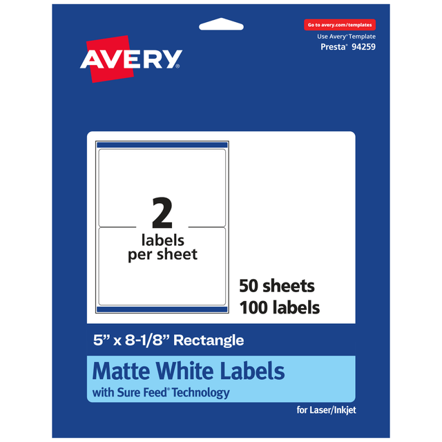 AVERY PRODUCTS CORPORATION 94259-WMP50 Avery Permanent Labels With Sure Feed, 94259-WMP50, Rectangle, 5in x 8-1/8in, White, Pack Of 100 AVERY PRODUCTS CORPORATION 94259-WMP50 Avery Permanent Labels With Sure Feed, 94259-WMP50, Rectangle, 5in x 8-1/8in, White, Pack Of 100