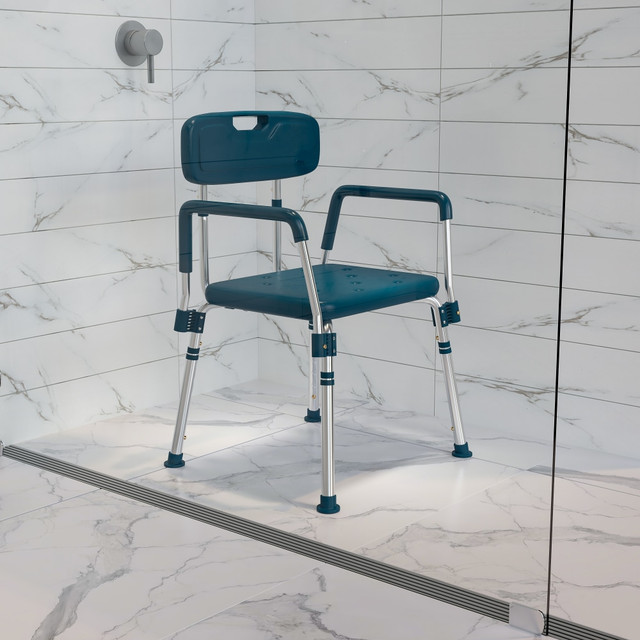 FLASH FURNITURE DCHY3523LNV  Hercules Adjustable Bath And Shower Chair With Quick-Release Back And Arms, 34-3/4inH x 20-3/4inW x 19-3/4inD, Navy