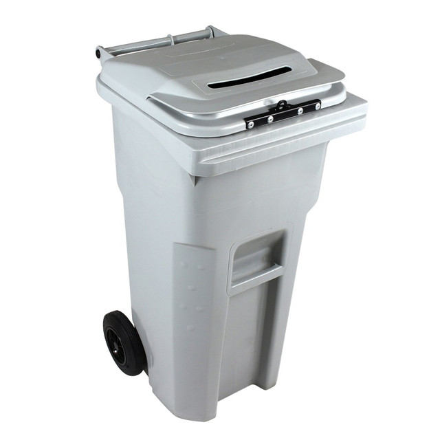 Made of strong and sturdy plastic.  Made of strong and sturdy plastic.  Lid prevents air gushes from disrupting shredded pieces.  Lockable design offers additional security.  Built-in hasp allows easy locking.  Large size stores up to 32 gallons.  Wheels help it maneuver around the office.