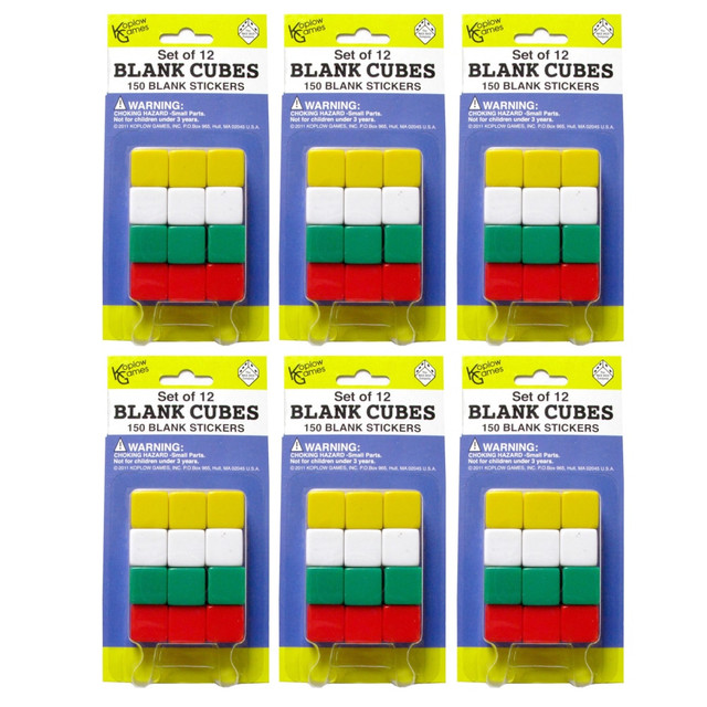 Get creative in the classroom with this Koplow Games Blank Dice Set. Complete with stickers, this dice set makes it easy to create engaging games that complement a wide variety of lessons.  Ideal for making custom games or replacing missing dice.  Plastic cubes measure 5/8in.  Circular stickers measure 1/2in.  Each pack contains 12 blank cubes with 150 stickers.  Set includes 6 packs (72 dice with 900 stickers total).