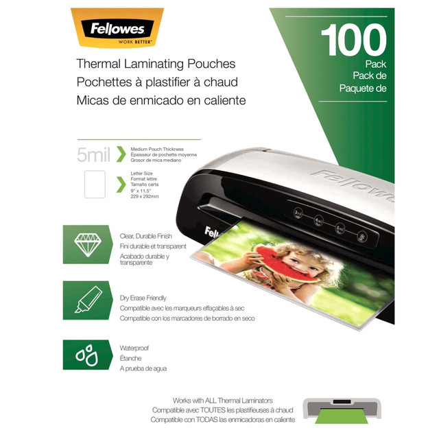 FELLOWES INC. 5743501 Fellowes Thermal Laminating Pouches, Letter, 5 mil, 11 1/2in x 9in, Clear, Pack Of 100 FELLOWES INC. 5743501 Fellowes Thermal Laminating Pouches, Letter, 5 mil, 11 1/2in x 9in, Clear, Pack Of 100