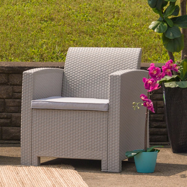 FLASH FURNITURE DADSF21 Faux Rattan Chair With All-Weather Cushion, Light Gray/Gray FLASH FURNITURE DADSF21 Faux Rattan Chair With All-Weather Cushion, Light Gray/Gray
