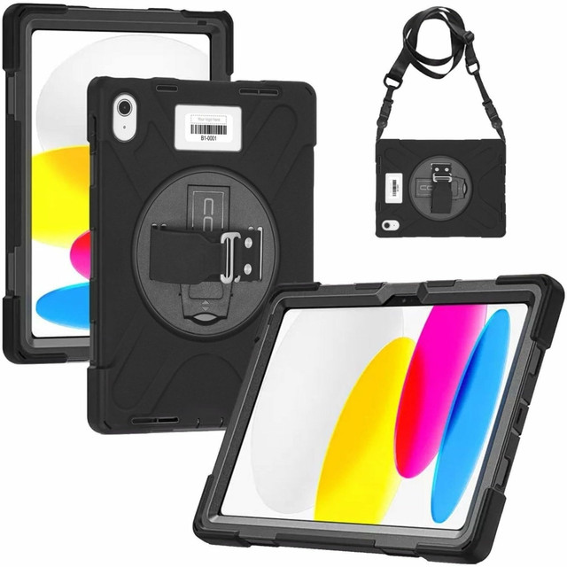 Rotating, adjustable hand strap  Attach your shoulder strap to any 2 or the 4 corners  Rotating kickstand allows for multiple viewing modes including portrait and landscape  MIL 810G-504.1 certification: our rugged case can withstand repetitive use of common cleaning chemicals without degradation  3-Part layered design  360 deg. device protection  Thick bumpers add enhanced screen protection  MIL 810G-516.6 certification: our rugged case can withstand various conditions such as temperature, humidity, altitude, shock, vibration, and drops