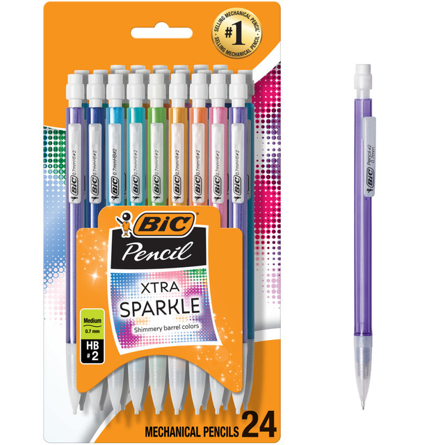 Experience smooth, dark writing with BIC Xtra Sparkle No. 2 Mechanical Pencils with Erasers. These 0.7mm mechanical pencils have a medium point that"s ideal for a variety of everyday writing activities. They"re excellent mechanical pencils for school and come equipped with three pieces of No. 2 lead that"s compatible with most standardized tests. The high-quality lead in these BIC pencils doesn"t smudge and erases cleanly, so your work looks neat and professional. Convenient and reliable, BIC Xtra Sparkle Number 2 Mechanical Pencils are always ready and never need sharpening; to advance the pencil lead, simply click the built-in eraser. These BIC mechanical pencils have a sophisticated, modern look, and their colorful clips easily attach to pockets, notebooks and more. The No. 1 selling mechanical pencil brand in the United States*, BIC offers dependable performance and value that you can trust. Looking for larger quantities of school or office supplies? This mechanical pencils bulk pack will keep your desk stocked all year. Choose BIC Xtra Sparkle No. 2 Mechanical Pencils With Erasers for a high-quality, safe and affordable product you can trust. *Source: The NPD Group/Retail Tracking Service and Commercial Tracking Service, U.S., based on actual unit sales, 12ME June 2022 combined.  Versatile 0.7mm medium point mechanical pencils are ideal for a variety of everyday writing activities  Cute mechanical pencils for girls, boys and adults, featuring colorful barrels with eye-catching sparkles  High-quality lead doesnT smudge and erases cleanly, so your work looks neat and professional  Great automatic mechanical pencil for school, with No. 2 lead that"s compatible with most standardized tests  One 24-count pack of BIC Xtra-Sparkle Number 2 Mechanical Pencils With Erasers  Refillable - designed to be used repeatedly, helping you avoid single-use disposables and potentially save money.