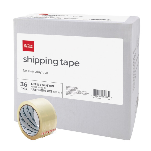 Stock up on Office Depot Brand Multipurpose Shipping Tape. Keep some rolls in the office or at home to make sure you are always prepared. The adhesive is strong and fast-acting to securely seal packages. It also makes great carton sealing tape.  Packing and general purpose shipping tape with excellent holding power to ensure a secure seal.  Strong adhesive creates fast, clean seals.  Regular clear tape allows you to see box labels.  Moisture-resistant.  Ideal for home and office shipping needs.  Economical all purpose Packing, Shipping and Mailing tape for lighter jobs.  Transparent.  36 rolls of packing tape.