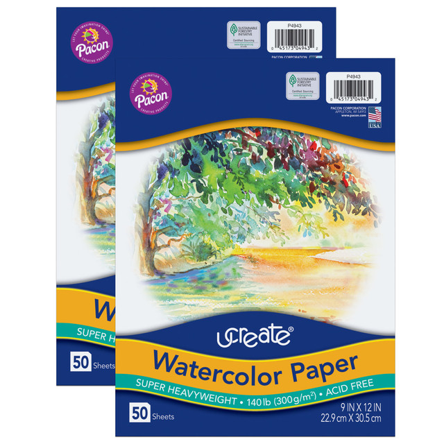PACON CORPORATION Pacon PAC4943-2  UCreate Watercolor Paper, 9in x 12in, White, 50 Sheets Per Pack, Case Of 2 Packs