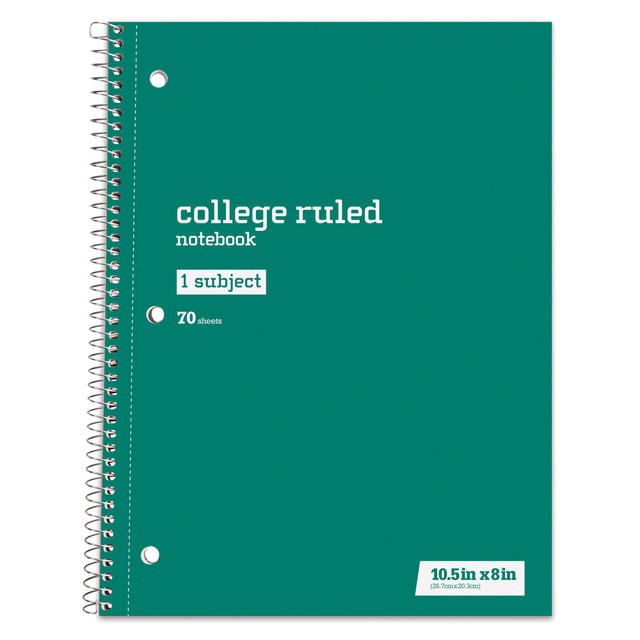 DonT miss an important memo at the office or in the classroom. This spiral notebook features plenty of lined pages to help you organize thoughts or just kick back and start work on a creative writing piece.  Cardboard cover protects the pages.  Lined pages help you keep notes in order.  Acid-free sheets stand up to fading.  Perforated to let you hand in assignments.  Spiral binding for quick page flipping.  Chipboard backing makes the pages easy to write on.  Green spiral notebook is 8in x 10-1/2in.  Just Basics spiral notebook is college ruled with 140 pages (70 sheets)