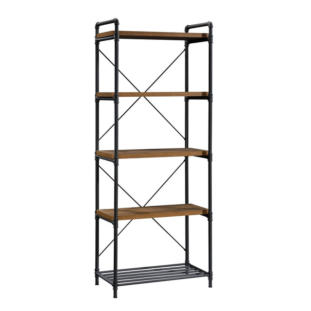 SAUDER WOODWORKING CO. 423504 Sauder Iron City 76inH 5-Shelf Bookcase, Checkered Oak/Dark Industrial