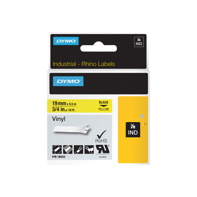 NEWELL BRANDS INC. 18433 DYMO Colored Industrial Rhino Vinyl Labels, 3/4inW x 18 3/64L , Rectangle, Black on Yellow NEWELL BRANDS INC. 18433 DYMO Colored Industrial Rhino Vinyl Labels, 3/4inW x 18 3/64L , Rectangle, Black on Yellow