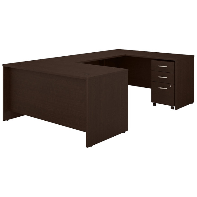 The Series C 60inW U-Shaped Desk with 3-Drawer Mobile File Cabinet features a classic design with the style and durability needed for use in todays professional environments. Spread out with materials on the wraparound U-Desk surface while keeping important documents and office supplies organized in the small filing cabinets lockable drawers.  Bundle includes: 60inW x 30inD Office Desk, 60inW x 24inD Credenza Desk, 48inW x 24inD Desk Bridge, 3-Drawer Mobile File Cabinet.  Durable thermally fused laminate surface and sturdy end panels protect the U-desk from scratches, stains, dings and dents.  U-shaped desk accommodates materials and equipment with 2 wire management grommets and a 200-lb weight capacity.  Computer desk with drawers is finished on all sides to look great facing any direction in a private or open-plan office.  Locking file cabinet includes 1 full-extension drawer for letter-, legal- and A4-size paperwork and 2 drawers for miscellaneous office supplies.  Dual-wheeled casters allow the small filing cabinet to roll wherever storage is needed, including underneath the desk.  Available in several traditional finishes.  Assembled Dimensions: 59-4/9inW x 100-2/5inD x 29-5/6inH.  Assembly required.  Backed by the Bush Business Furniture 10-Year Manufacturers Warranty. For additional information, please visits: www.bushbusinessfurniture.com/ReturnsExchanges  Standard delivery service. Furniture is delivered unassembled.  Tested to meet ANSI/BIFMA Performance Standards - Manufacturer testing has been conducted on this product to meet specific performance requirements and safety standards set forth by the American National Standards Institute (ANSI) and the Business and Institutional Furniture Manufacturers.  This product is heavy and/or oversized and may need more than one person to handle.