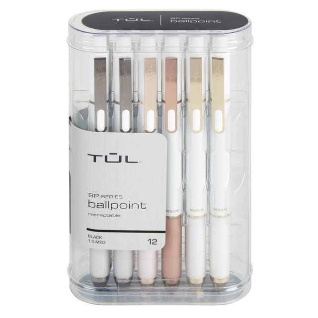 OFFICE DEPOT TUL PBM12BK  BP Series Retractable Ballpoint Pens, Medium Point, 1.0 mm, Pearl White Barrel, Black Ink, Pack Of 12 Pens