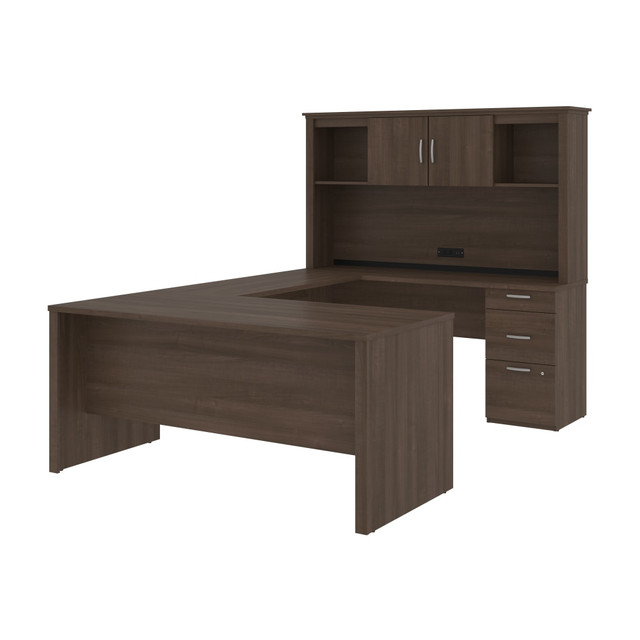 BESTAR INC. 46410-52 Bestar Logan 66inW U- Or L-Shaped Executive Corner Desk With Pedestal And Hutch, Antigua BESTAR INC. 46410-52 Bestar Logan 66inW U- Or L-Shaped Executive Corner Desk With Pedestal And Hutch, Antigua