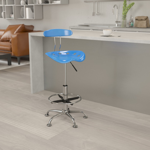 FLASH FURNITURE LF-215-BRIGHTBLUE-GG  Vibrant Chrome Drafting Stool with Tractor Seat, Bright Blue/Chrome