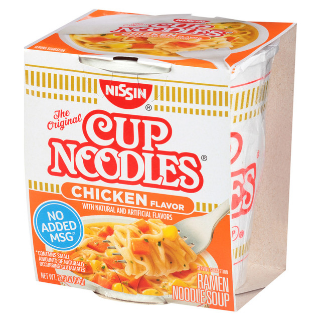 Enjoy a warm, hearty meal on the go with one of these Nissin Chicken Flavor Ramen Noodle Soup Cups. Each single-serve cup is made without artificial flavors or MSG, so you can eat guilt-free.  Enjoy warm, tasty ramen noodle soup with chicken flavor.  Each single-serve cup is easily portable and great for on the go.  No artificial flavors or added MSG.