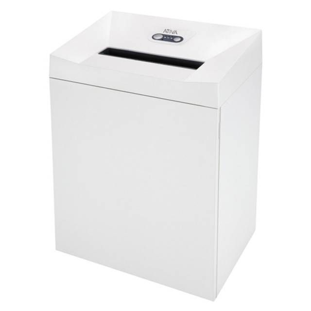 Capable of delivering Level 2 security, this Ativa strip-cut shredder can handle large shred jobs with ease. Continuous operation means you donT have to wait for the job to finish to get back to work.  Shreds paper, staples, paper clips, credit cards, CDs and DVDs.  39.6-gallon wastebasket reduces the need for constant emptying.  Capable of shredding between 47-49 pages in a single pass.  Powerful strip-cut shredder creates 56 particles measuring per page.  Small 1/8in particles provide significant security for sensitive information.  Shreds at speeds of up to 21.65ft per minute for past operation.  12-15/16in throat opening easily accommodates letter- and legal-sized papers.  Hardened-steel cutting rollers offer lasting strength.  Shredder automatically switches off if pressure is applied to the safety element.  Overload protection helps prevent paper jams.  2.8-hp motor provides continuous operation for large jobs.  Backed by the manufacturers 2-year limited warranty.  Ativa is a trademark or registered trademark of The Office Club, Inc.   2016 Office Depot, Inc. All Rights Reserved.  This product is heavy and/or oversized and may need more than one person to handle.