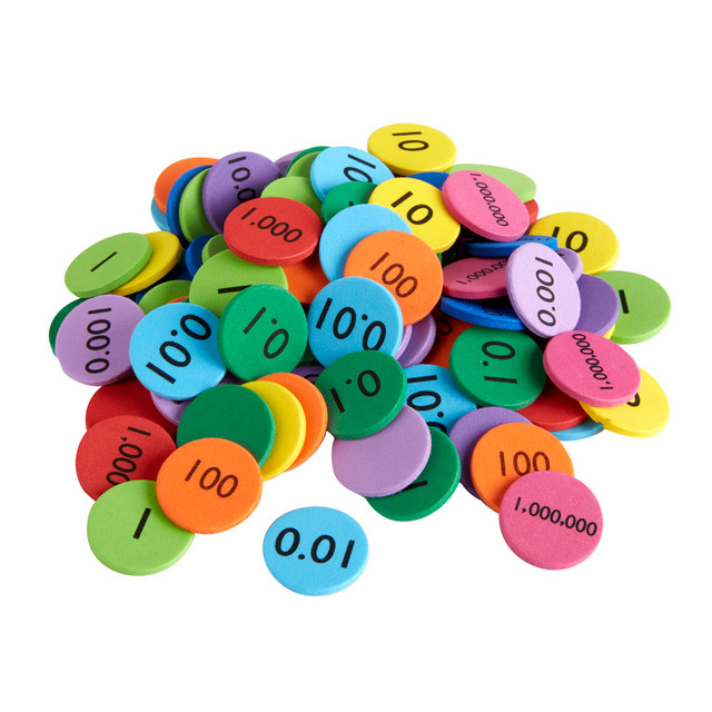 Come up with a variety of fun and challenging place value activities using these place value manipulatives from Office Depot. Color-coded discs help students see exactly what happens when numbers are regrouped during addition and subtraction for a deeper understanding of each process.  Comes with 25 discs each of the following values: 0.001, 0.01, 0.1, 1, 10, 100, 1,000, 10,000, 100,000 and 1,000,000.  Discs are color coded according to place value.  Place value manipulatives help students develop number sense and basic math skills.  Allows students to visually track what happens when regrouping numbers during adding and subtracting.  Ideal for a variety of math activities for preschoolers.  Made from soft foam for easy gripping.  Meets Common Core standards for math.  Contains small parts. Not for children under 3 years of age.