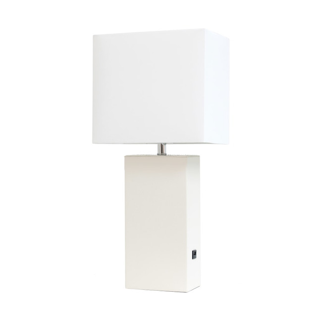 ALL THE RAGES INC LT1053-WHT Elegant Designs Modern Leather White Base Table Lamp with USB and White Fabric Shade