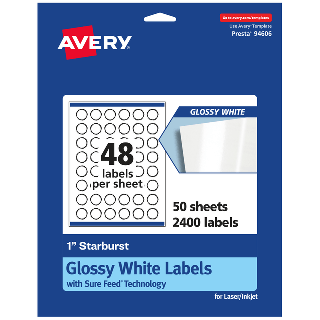 AVERY PRODUCTS CORPORATION 94606-WGP50 Avery Glossy Permanent Labels With Sure Feed, 94606-WGP50, Starburst, 1in, White, Pack Of 2,400 AVERY PRODUCTS CORPORATION 94606-WGP50 Avery Glossy Permanent Labels With Sure Feed, 94606-WGP50, Starburst, 1in, White, Pack Of 2,400
