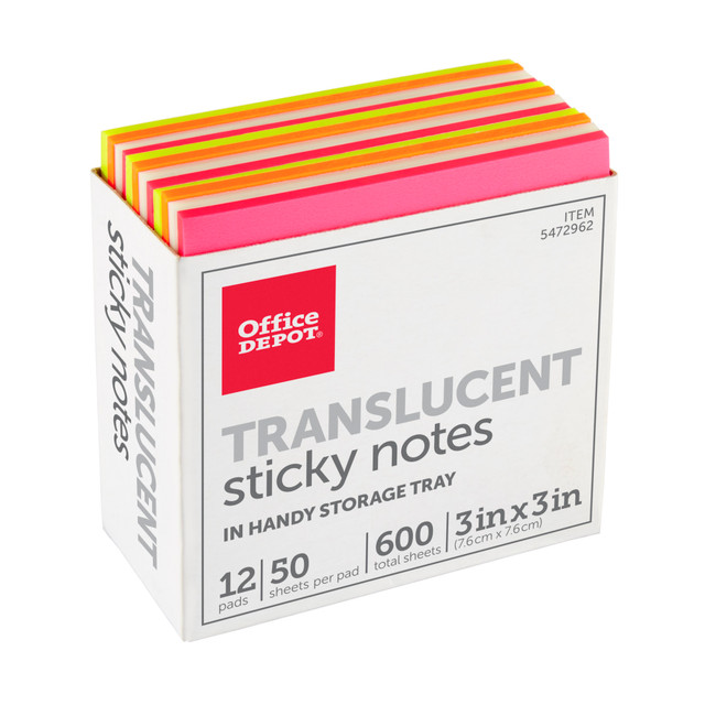 Add a notation to a book or make a mark on important documents using Office Depot Brand Translucent Sticky Notes. Their translucent design allows you to see through the note to the text beneath it, and the self-stick adhesive stays in place until you remove it.  Designed to add notes to books and important documents or paperwork.  Self-stick adhesive stays firmly in place.  Translucent design allows you to easily see the surface beneath.  Note size is approximate.  Included storage tray keeps your notes neat and tidy.