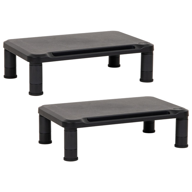 Double Your Comfort and Organization with Adjustable Monitor Stands Discover the convenience and improved posture offered by this set of two adjustable monitor stands, perfect for organizing your workspace and supporting your body while you view or work. Use one for your computer monitor and the other for your laptop, TV, or printer, or keep one at home and bring the other to the office. These versatile monitor risers can also elevate your television, phone, or gaming console, adjusting in height from 2 to 5.25 inches to provide optimal support and alleviate eye, neck, and back strain. When not in use, the slim stands are easy to store in small spaces or cabinets and can be cleaned with a cloth and mild soap/water.  Maximize small space: Space-saving monitor riser lifts screen off the surface. Each stand can hold up to 50lb (22.5kg)  Height-adjustable for reduced strain: Adjusts from 2.5 to 5.25in for personalized eye level  Organize workspace: Two monitor stands provide dedicated spots for laptop or tablet, with space underneath for supplies and a pen well on top  Improve posture: Elevate screen to avoid neck and back pain, promoting proper sitting posture  Dimensions: Each monitor stand measures an efficient 14.5 long x 10.5 wide x up to 5.25 inches tall (36.83 x 26.67 x 13.33 centimeters) and weighs 3.74 lbs (1.69 kilograms)