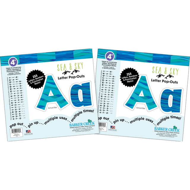 Add these letter and number pop-outs to your bulletin board or poster to make your students excited about their education. The pop-outs are made of sturdy card stock, and the set includes a total of 510 pieces.  Includes 2 packages of 255 pop-outs.  Card stock construction offers durability.  Comes with uppercase and lowercase letters, numbers and punctuation in English and Spanish.