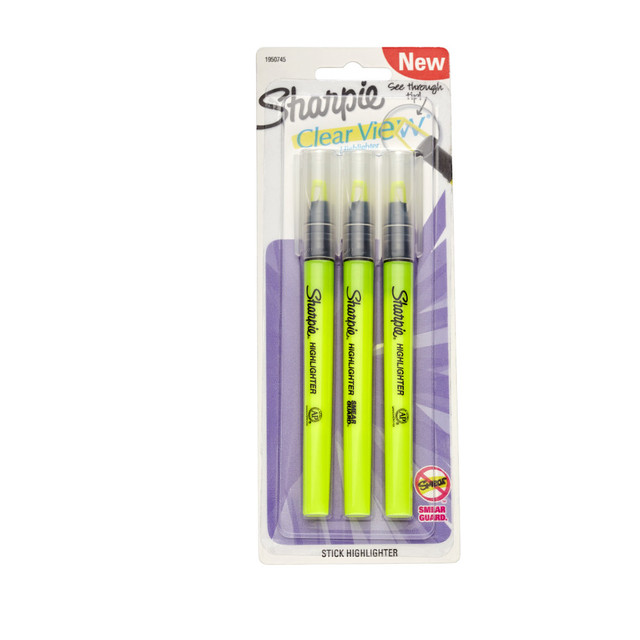 NEWELL BRANDS INC. 1950745 Sharpie Clear View Highlighter Stick, Chisel Point, Yellow, Pack Of 3 NEWELL BRANDS INC. 1950745 Sharpie Clear View Highlighter Stick, Chisel Point, Yellow, Pack Of 3