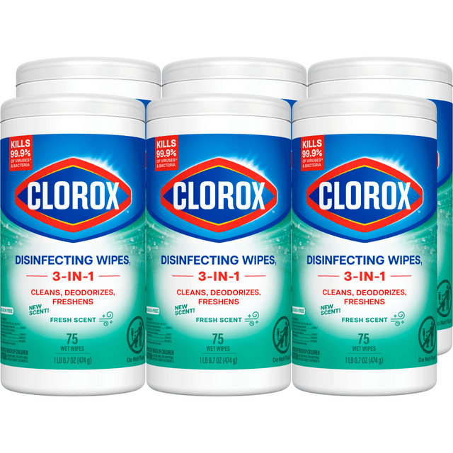 Clorox Disinfecting Wipes clean, disinfect, deodorize and remove allergens for 5x cleaning power* and leave behind a pleasant scent. These disinfecting wipes clean and disinfect with antibacterial power that kills 99.9% of viruses and bacteria that can live on surfaces, including COVID-19* Virus, staph, E. coli, MRSA, salmonella, strep and Kleb. These all-purpose disposable wipes remove common allergens, germs and messes on surfaces like kitchen counters, bathroom surfaces and more and can prevent the growth of bacteria* for up to 24 hours. Wipes are safe to use on finished wood, sealed granite and stainless steel. Clean with bleach-free wipes to keep dirt and germs away. *5x cleaning power: cleans, disinfects, deodorizes, removes allergens, leaves a scent, removes dirt, removes grime. Kills COVID-19 virus: kills SARS-CoV-2 on hard, nonporous surfaces. Use as directed. Prevents the growth of bacteria: odor causing bacteria on non-food contact surfaces. Allow product to air dry.  DISINFECTING WIPES: Clorox Disinfecting Wipes are proven to kill COVID 19 Virus* in 15 seconds, cleans and kills 99.9% of viruses and bacteria with powerful, 5x cleaning power* wipe, Package may vary  ALL PURPOSE WIPE: These all purpose disposable wipes remove common allergens, germs and messes on surfaces like kitchen counters bathroom surfaces and more, Prevents bacteria* growth for up to 24 hours  MULTI SURFACE CLEANER: Wipes are safe for finished wood sealed granite, stainless steel and non food contact surfaces in the home, office, classroom, pet area, locker room and more  DISPOSABLE WIPES: This wipe canister easily dispenses disposable antibacterial wipes with a refreshing scent, dispose of wipes according to manufacturer instructions  GREAT FOR COMMERCIAL USE: Ideal for use in offices, day care centers, schools, hotels, restaurants and other commercial facilities