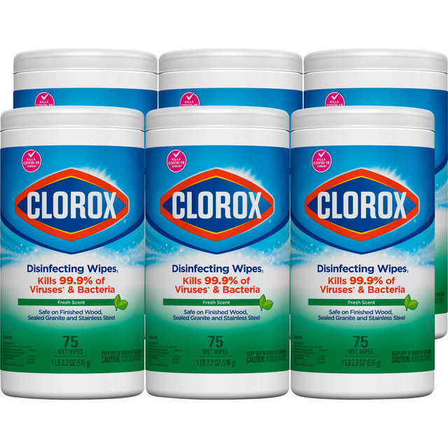 THE CLOROX COMPANY CLO01656 Clorox Disinfecting Wipes, Bleach Free Cleaning Wipes  Fresh - 75 Wipes per Canister, 6 Canisters