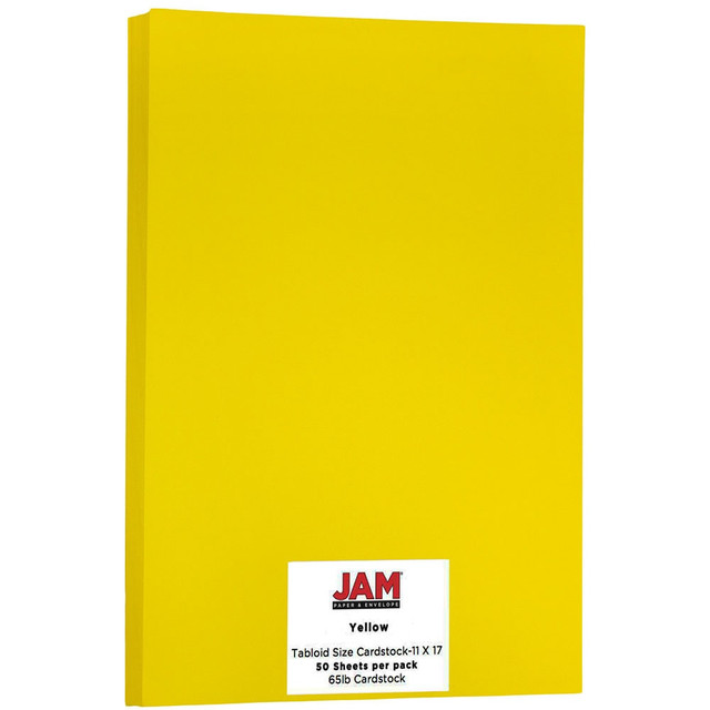 Prepare for your next presentation with these sturdy sheets of JAM Paper cover card stock. The acid-free paper is designed with a smooth finish and can be printed, copied, scanned and faxed.  JAM cover card stock features a smooth paper finish thats easy to write, draw and print on.  Acid-free paper guards against yellowing and fading.  Can be used with your printer, copier, scanner or fax machine.  65-lb paper can be used for a variety of creative and professional projects.  Solar yellow sheets come in a pack of 50 to help keep your desk fully stocked.  Contains Recycled Content - See Specs for Details.