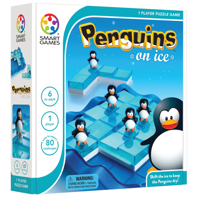 Improve your logical thinking skills having fun with the SmartGames Penguins On Ice Puzzle Game. Arrange the sliding blocks according to various challenges included in the booklet to hone spatial reasoning skills.  Includes a challenge booklet with 60 challenges including starter, junior, expert and master.  Designed to help you develop logical thinking and spatial reasoning skills.  Simple challenges and complex puzzles will intrigue individuals of all ages.  Arrange sliding blocks to all fit on the game board while ensuring penguins are in the right spots.  Designed for ages 6 and up.
