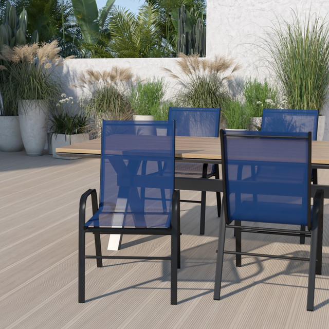 FLASH FURNITURE 4JJ303CNV  Brazos Series Outdoor Stack Chairs, Navy/Black, Pack Of 4 Chairs