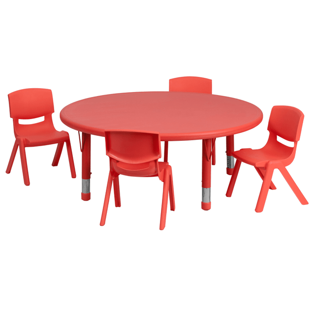 Kids can learn, play and craft around this Flash Furniture 45in Round Activity Table. Little learners can enjoy a comfortable seat in the 4 contoured polypropylene chairs, while the tables rounded edges provide added safety in your classroom. Crafted from plastic, the table is easy to clean and offers the durability needed to keep up with your lessons.  Plastic construction.  1-1/2in-thick textured top with safety rounded edges.  Steel legs adjust in height in 1in increments.  Height-adjustable design from 14-1/2in to 23-3/4in.  20inH chairs are crafted with a contoured polypropylene shell.  Boasts a 10-1/2in seat height.  Weight capacity tested to support 220 lb (table) and 154 lb (chair).  Assembly required.