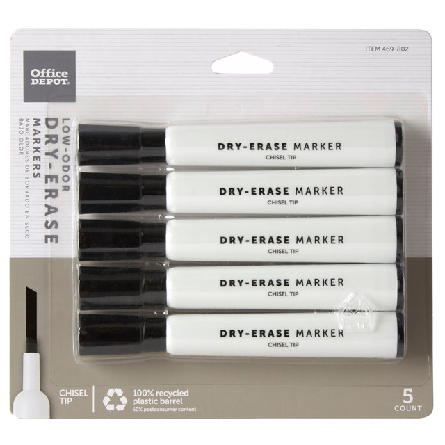 OFFICE DEPOT W-3113BK5  Brand Low-Odor Dry-Erase Markers, Chisel Point, 100% Recycled Plastic Barrel, Black, Pack Of 5